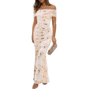 Women's Mesh Floral Maxi Dress 2025 Summer Off The Shoulder Ruched Bodycon Long Cocktail Party Fitted Dresses