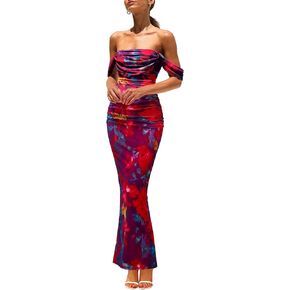 PRETTYGARDEN Women's Floral Maxi Dress 2025 Summer Off Shoulder Mesh Elegant Cocktail Party Ruched Bodycon Dresses