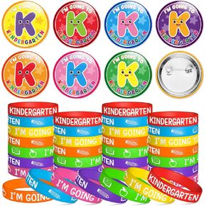 Preschool Graduation Party Favors - 56Pcs I'm Going to Kindergarten Button Pins with Silicone Bracelet Class of 2025 Congrats Grad Rubber Wristband Badges Pins for Kids Ceremony Exchange Reward Gift