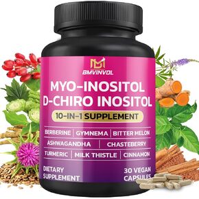 ملحق Bmvinvol Inositol - نسبة Myo -Inositol و D -Chiro Inositol مثالية 40: 1 - بالإضافة إلى البربرين ، القرفة ، Ashwagandha + 5 - 30 كبسولة