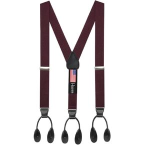 Hold’Em 1 3/8" Twill Elastic Suspenders for Men USA MADE, Leather Trimmed-Burgundy