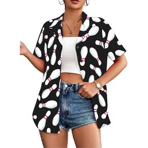 Bowling Shirts for Women Hawaiian Bowler Short Sleeve Button Up Shirt Casual Beach Summer Tee