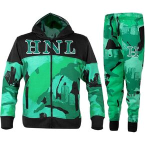 Boys Tracksuit HNL Camouflage Contrast Panelled Fleece Zipped Hooded Top & Gym Jogging Bottoms Set