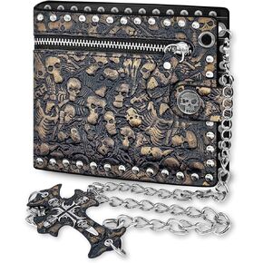 Chain Wallet Skull Gothic Punk Bifold Halloween Unisex Goth Accessories,Faux Leather- Midnight Black