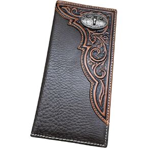 Leather Long Wallet Floral Embossed Tooled Bi Fold Soft Leather Longhorn Concho Checkbook Style Cowboy Hand Crafted High End Mens Wallets Leather Gifts For Men (Brown)
