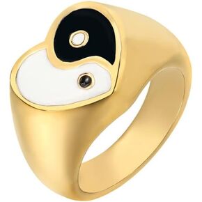 PAMTIER Unisex Stainless Steel Trendy Simple Heart Cut Black and White Yin Yang Gossip Biker Ring