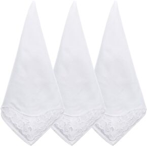 3 PCS Handkerchiefs for Women White Soft Cotton Ladies Hankies Elegant Embroidery Lace Pure Color Square Hankies Daily Accessory Suitable for Afternoon Tea Party 11 Inch