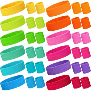Bememo 36 Pcs Neon Sweatbands Set for Kids End of The Year Student Gifts Bulk 24 Pcs Sports Wristbands 12 Tennis Headbands Kids Sports Sweat Band