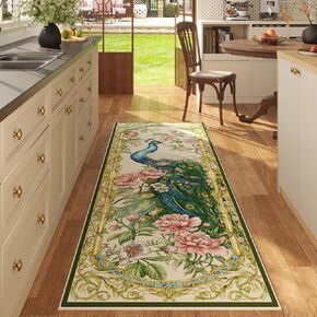 Runner Rug for Kitchen 2'6"x8' Washable Rugs with Rubber Backing Soft Floral Peacock Floral Animal Carpet Runner for Kitchen, Laundry, Bedroom, Bathroom (Beige)