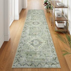 LIVEBOX Washable Runner Rug 2.5x8, Sage Green Non Skid Kitchen Runner Rugs, Soft Tribal Western Vintage Carpet Runner Rug for Bathroom, Long Hallway Rug for Laundry Room Entryway Bedroom(Green)