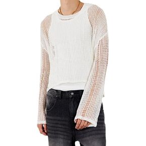 Evankin Men's Long Sleeve T-shirt Hollowed out Semi See Through Top Elastic Loose Knit Sweater Base Layer Bottom Underwear