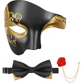 FunMular Masquerade Mask for Men Phantom of The Opera Mask Half Face with Bowtie Brooch for Halloween Mardi Gras Party