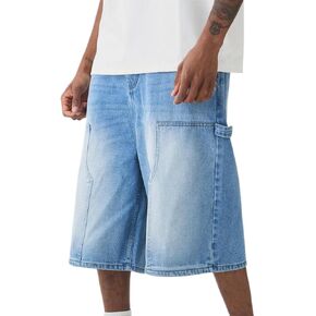Mens Loose Denim Shorts Baggy Casual Wide Leg Mid Jean Jorts Zipper Hip Hop Shorts with Pockets Streetwear
