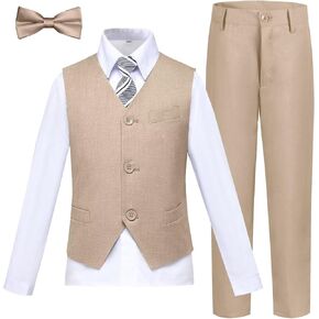 Boy 5-Piece Formal Suit Set Slim Fit Vest Pants Collared Dress Shirt Tie Kids Baby Boy Teen Ring Bearer Gentleman Outfits