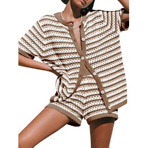 Saodimallsu Womens Crochet Swimsuit Coverup Summer Beach مجموعات مخططة متماسكة الأكمام قصيرة زر القمصان 2 قطعة قصيرة مجموعة