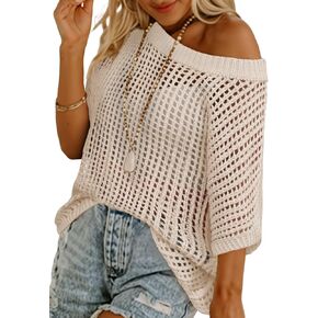 Swimsuit Coverup for Women Beach Vacation Clothes Spring Summer Scoop Neck Short Sleeve Sweaters Casual Crochet Knit Tops