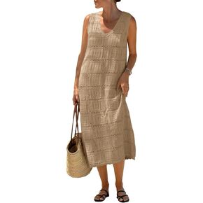 Fisoew Womens Crochet Sleeveless Dress Casual Summer V Neck Boho Knit Cover Up Beach Vacation Midi Tank Dresses