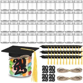 Mimorou 36 Set Graduation Candy Jars Bulk 2025 Graduation Cap Gift with 4 oz Plastic Candy Jar and Tassel Felt Grad Cap Felt 2025 Number Kit for Graduation Wishes Party Favors Decoration Supplies