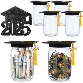 4 Set 4 Set 2025 Graduation Gifts Mason Jar Decorations Class of 2025 Grad Cap Money Jars 16 oz with Graduation Caps and Raffia Congrats Centerpieces for 2025 Graduate Party Decoration
