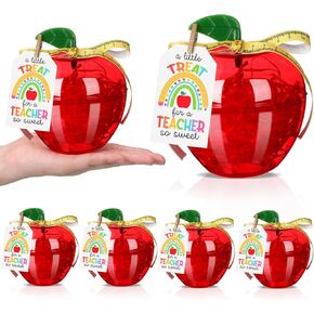 6 Sets Plastic Apple Containers for Teachers Red Apple Shaped Candy Jar Teacher Appreciation Gifts with Thank You Cards Ruler Ribbon Raffia for Graduation Back to School Decorations