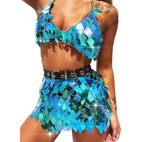 Aukmla Women Sequin Rave Admits Dance Body Chain Skirt مع أعلى ملهى ليلي