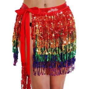 Coume Sequin Skirt Sparkly Belly Dance Glitter Skirt Tulle Tutu Fringe Hip Scarf Costume Kwanzaa Freedom Day Party