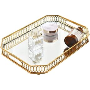 عطر الغرور مرآة صينية - منظم مزخرف متين لمرضي ، غرفة نوم ، كونترتوب الحمام - فسيحة 13.8x9.6x2.2 بوصة ، مقاومة للخدش - الذهب