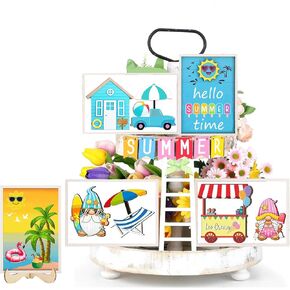 Summer Tiered Tray Decorations Set, Farmhouse Wooden Tiered Tray Decor for Holiday Rustic Home Kitchen Tier Tray Decor Set