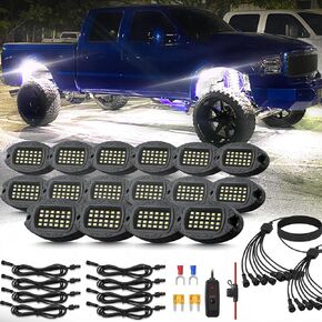 4Pods Pure White LED Men Rock Lights Kit with Switch Wiring Harness Extension Wire, 6500K 24LEDs Neon Underglow Light Fender Lights Waterproof for Trucks Jeep ATV UTV SUV SXS