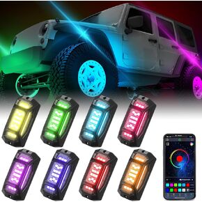 Vihose 8 PODS Full Angle RGB Rock Lights لشاحنات السيارات UTV SUV ATV ATV مقاوم للماء متعدد الألوان عن بعد التحكم في الصخور مع وضع الموسيقى