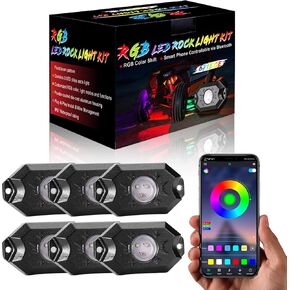 YCHOW-TECH RGB LED ROCK LIGHTS ، 4 قرون أسطّة ألوان متعددة ألوان نيون بود اللاسلكي مضاد للماء مصابيح البئر مع التحكم في التطبيق وموسيقى موسيقى الروك نيون نيون لقطات خارج الطريق RZR SUV ATV UTV