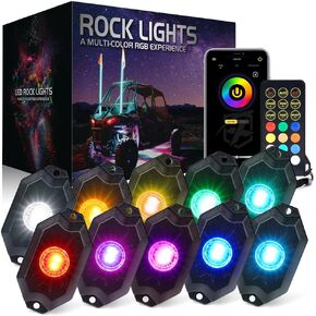 Xprite RGBW LED Rock Lights Kit with Bluetooth & Wireless Remote Controller, Multicolor Cars Underglow, Wheel, Footwell Neon Light Kits, for Off-Road UTV ATV Trucks SUV Motorcycle Boats - 8 Pods