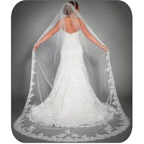 Yalice Catherdal Wedding Veils for Brides Long Bridal Veil 1 Tier Veils Floral Lace Soft Tulle Veils with Comb 118''