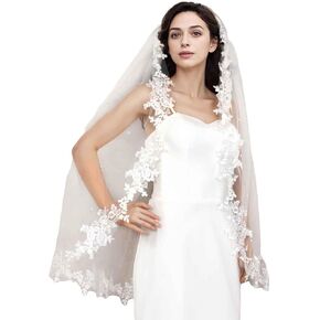 Bridal Veil Pearl Beaded Edge 1 Tier Fingertip Length Wedding Veil with Comb