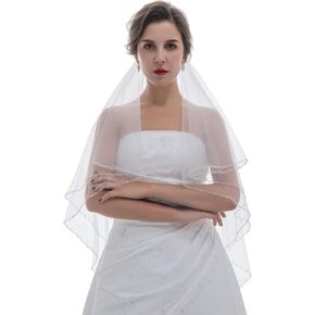 SAMKY 2T 2 Tier Pearls Crystals Wavy Beaded Veil - Light Ivory Fingertip Length 36" V381