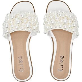 Women's Flat Slides Sandals, Pearl Decor Sparkly Bling Dressy Slides Comfortable Casual Bride Wedding Summer Slip on Sandals for Women.