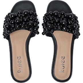 Women's Flat Slides Sandals, Pearl Decor Sparkly Bling Dressy Slides Comfortable Casual Bride Wedding Summer Slip on Sandals for Women. in Kuwait