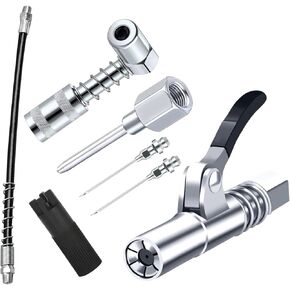 Grease Gun Accessory Kit,includes Grease Needle Dispenser, 2pcs Grease Needle Nozzles, 90 Degree Grease Coupler Adapter with Sleeves, Grease Gun Coupler, 12 Inch Grease-Gun-Hose, Zerk Fitting Cleaner