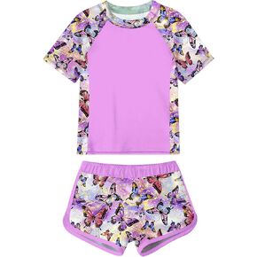 Enlifety 7-14T Girls Swimsuit 2 Piece Bathing Suit Short Sleeve Rash Guard Swimwear Set