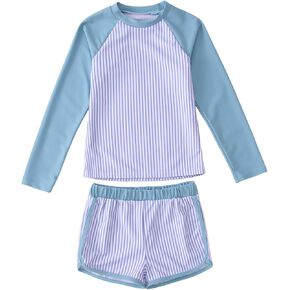 Girls Rash Guard Swimsuit Set Long Sleeve Two Pieces Stripe Bathing Suits Kids Summer Beach Swimwear 7-12 Years