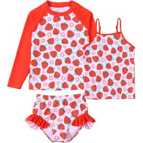 Girls Swimsuit 3 Piece Long Sleeve Rash Guard Set Tankini Bathing Suit UPF 50+ Sun Protection Summer Swimwear 3-10T
