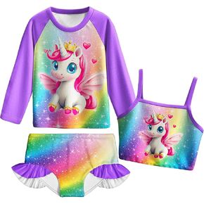 LQSZ Girls Swimsuit 3 Piece Long Sleeve Toddler Swimwear Rash Guard Sets UPF 50+ Sun Proction Kids Bathing Suit
