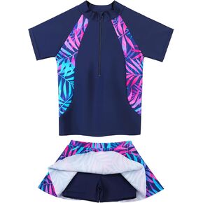 Girls Rash Guard Swimsuits وضع 2 PCS بدلة السباحة UPF50+ الأكمام قصيرة الأطفال التنانير السباحة الشاطئية مع سروال سراويل السباحة 3-12Y in Kuwait