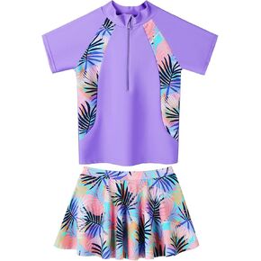 Girls Rash Guard Swimsuits Set 2 Pcs Bathing Suit UPF50+ Short Sleeve Kids Beach Swimming Skirts with Shorts Swimwear 3-12Y
