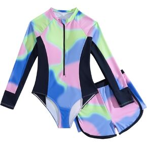 JiAmy Girls 2-Piece Rash Guard Long Sleeve Zip Swimsuit Tie Dye Crew Neck Bathing Suit Kids Swimwear 8-12 Y