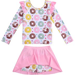 Girls Rash Guard Swimsuit Set Long Sleeve 2 Pieces Bathing Suit Swimming Skirt with Shorts 4-13Y