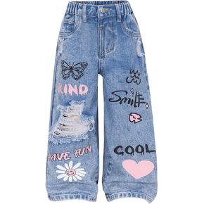 GORGLITTER Girl's Denim Jeans Baggy Graphic Elastic Waist Straight Leg Pants Butterfly Ripped Wide Leg Joggers