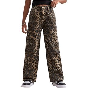 Floerns Girl's Leopard Jeans Mid Waist Straight Leg Y2k Grunge Denim Pants