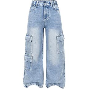 WDIRARA Girl's Rhinestone Elastic Waist Cargo Jeans Casual Baggy Wide Leg Denim Pants