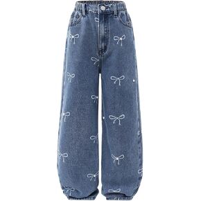 Girl's Bow Print Denim Pants Y2k Pearl Decor Elastic High Waisted Wide Leg Jeans with Pockets